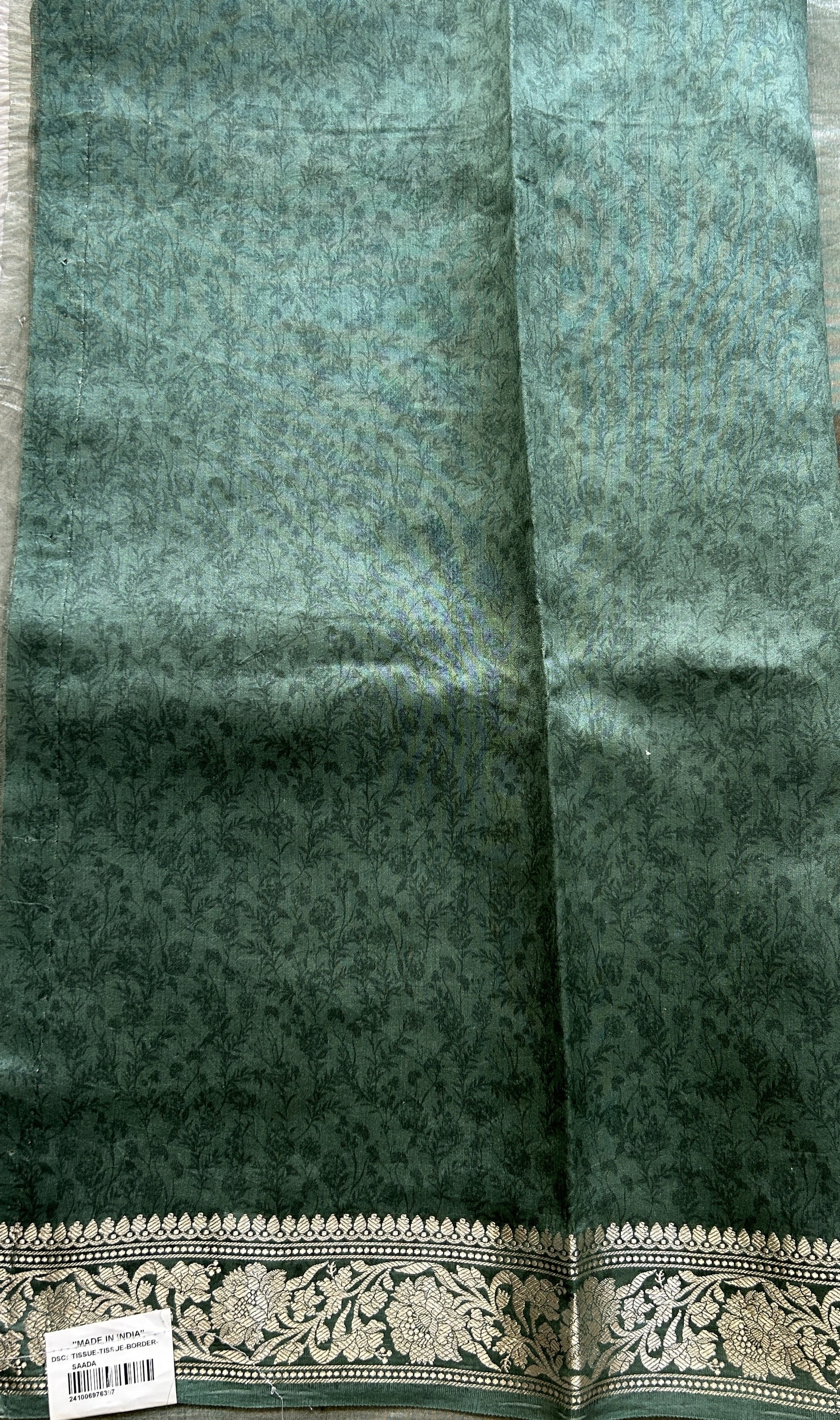 Banarasi Tissue Kora Saree Teal Green Colored Complemented with a Zari Border. - Sampradaya Designer Studio