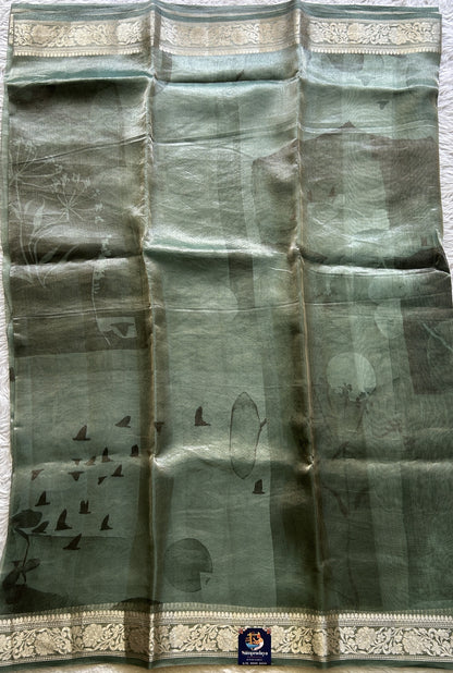 Banarasi Tissue Kora Saree Teal Green Colored Complemented with a Zari Border. - Sampradaya Designer Studio