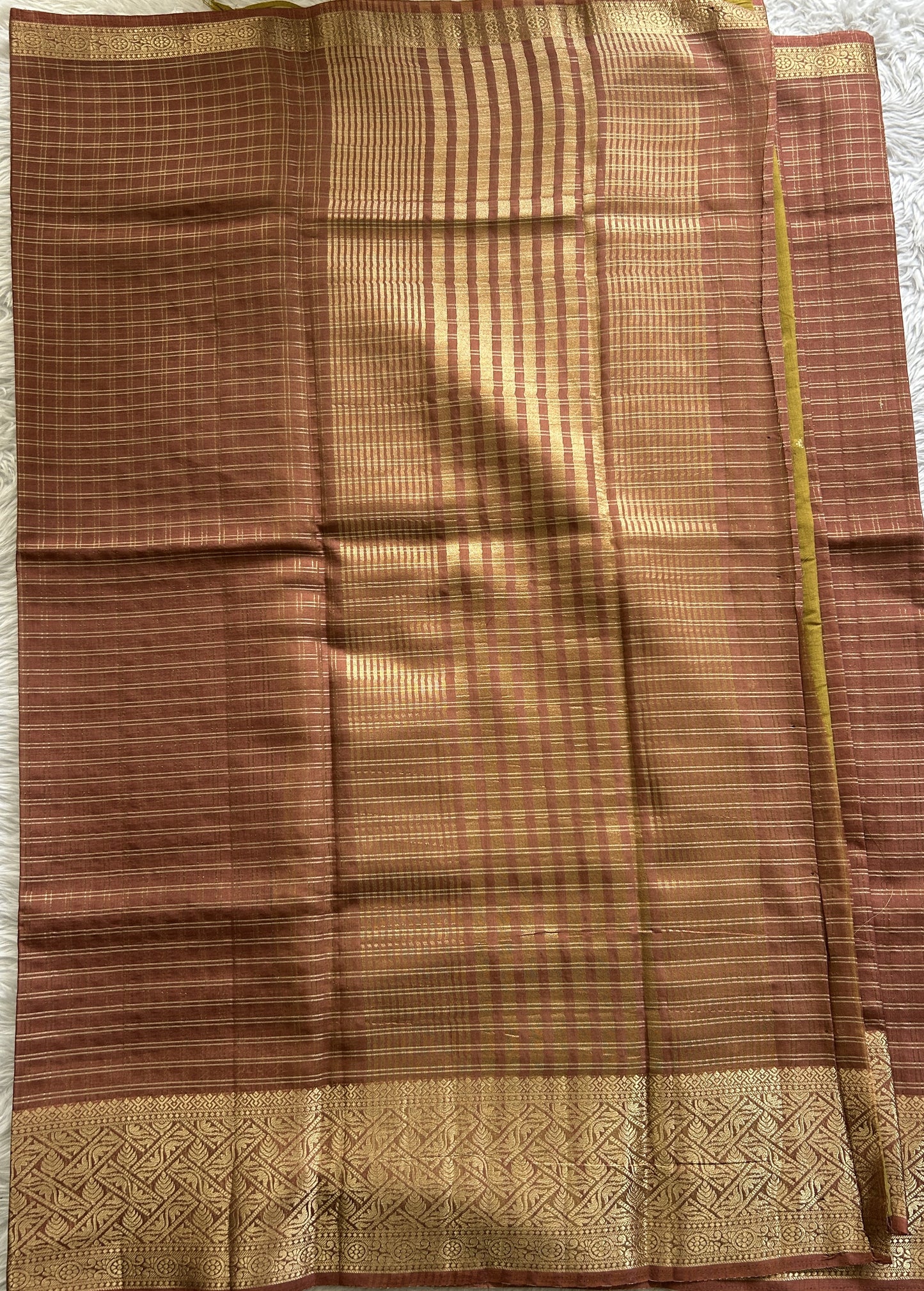 Semi Georgette Saree Light Brown Colored Complemented with a Zari Border. - Sampradaya Designer Studio