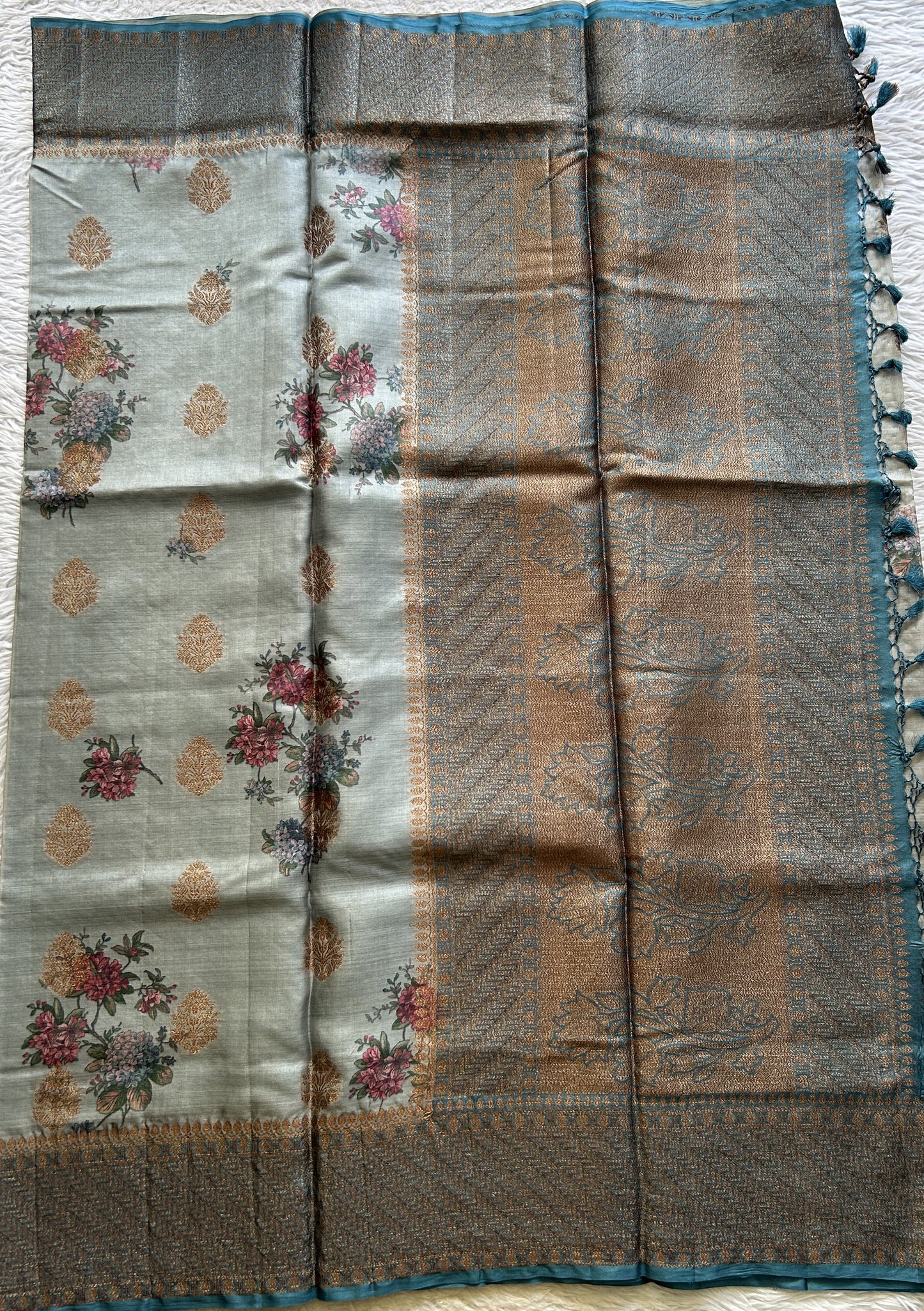 Pure Tussar Silk Saree Light Teal Blue Color Complemented with a Zari Border. - Sampradaya Designer Studio