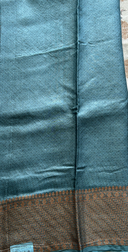 Pure Tussar Silk Saree Light Teal Blue Color Complemented with a Zari Border. - Sampradaya Designer Studio