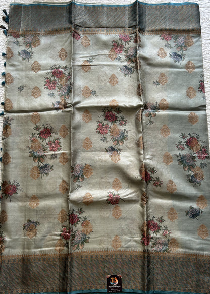 Pure Tussar Silk Saree Light Teal Blue Color Complemented with a Zari Border. - Sampradaya Designer Studio