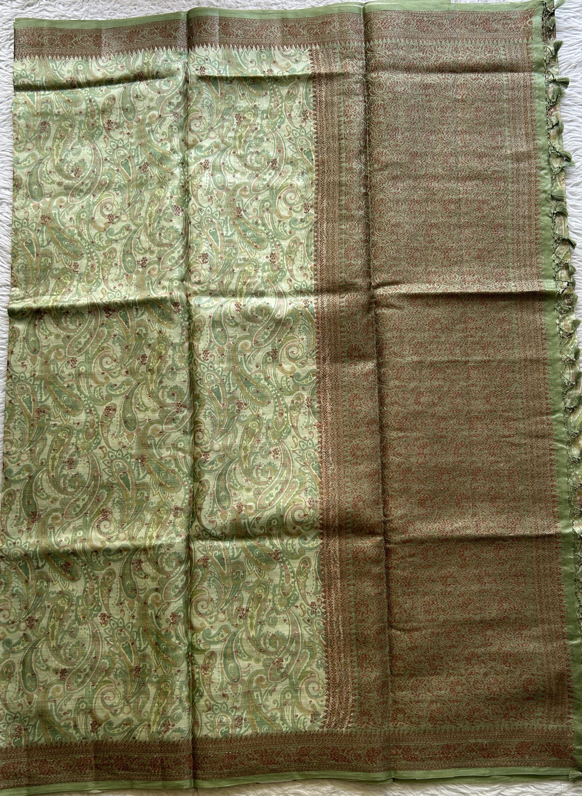 Pure Tussar Silk Saree Light Green Color Complemented with a Zari Border. - Sampradaya Designer Studio