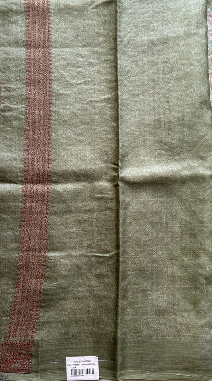 Pure Tussar Silk Saree Light Green Color Complemented with a Zari Border. - Sampradaya Designer Studio