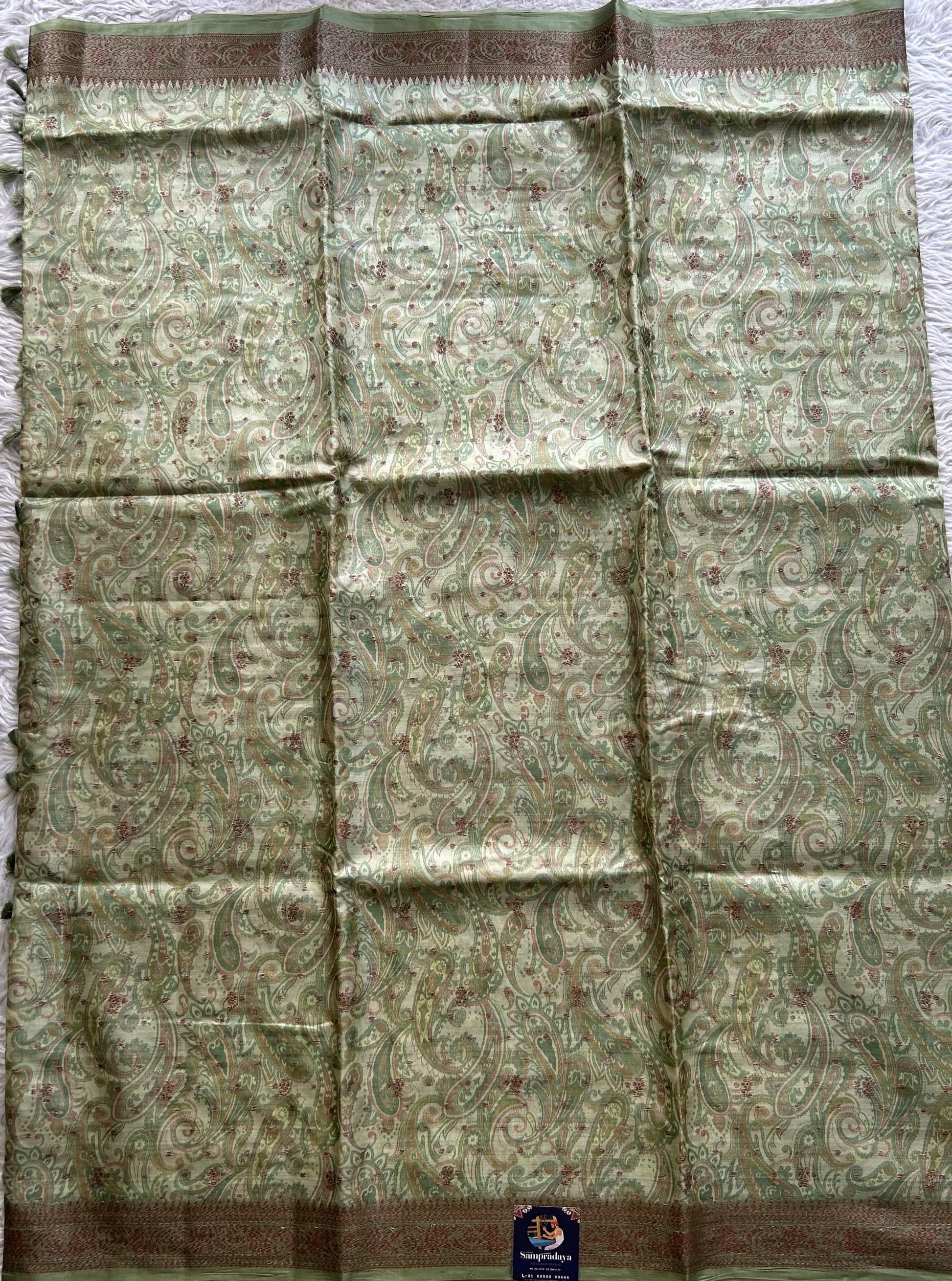 Pure Tussar Silk Saree Light Green Color Complemented with a Zari Border. - Sampradaya Designer Studio