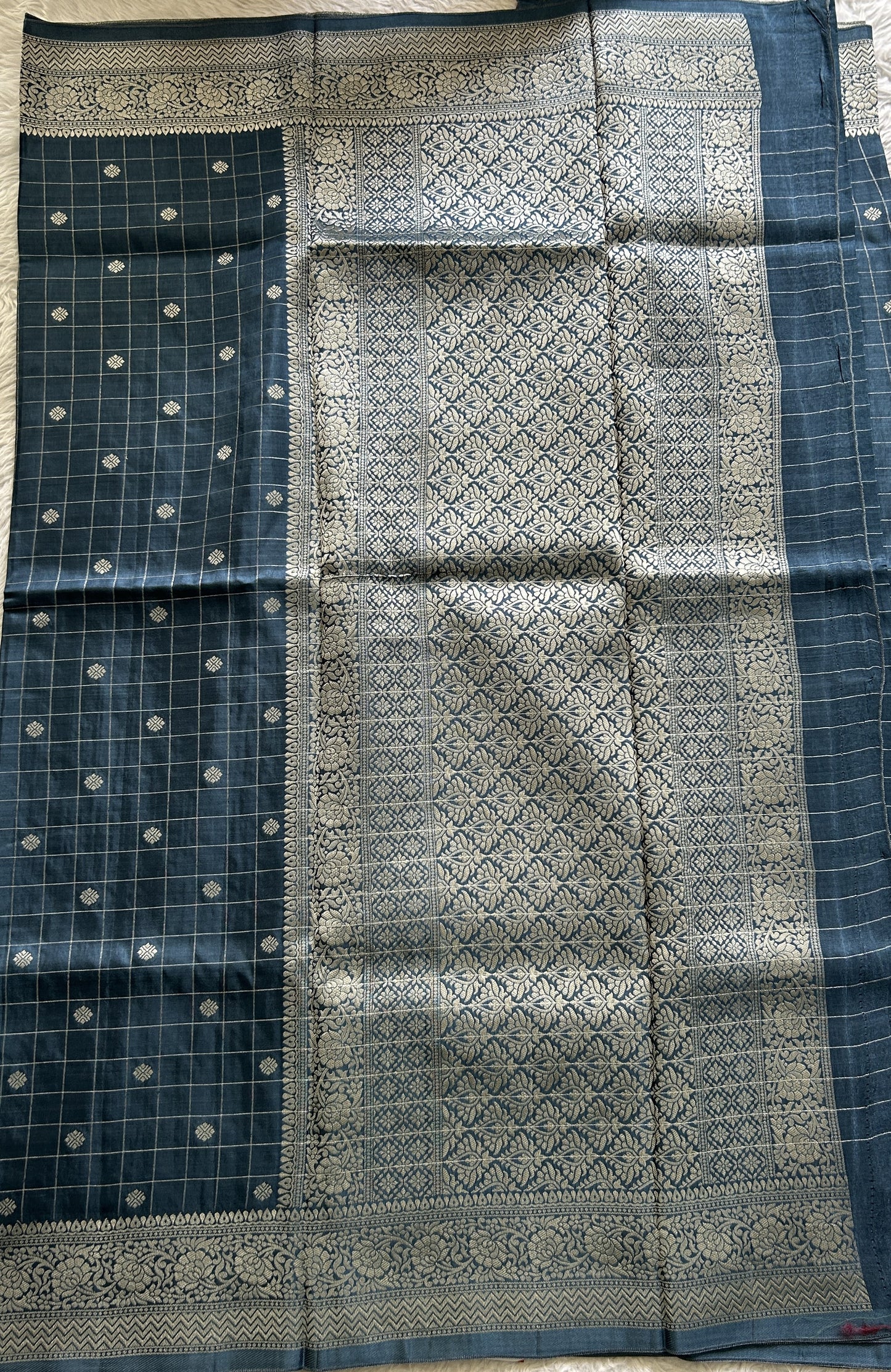 Semi Georgette Saree Peacock Blue Colored Complemented with a Zari Border. - Sampradaya Designer Studio