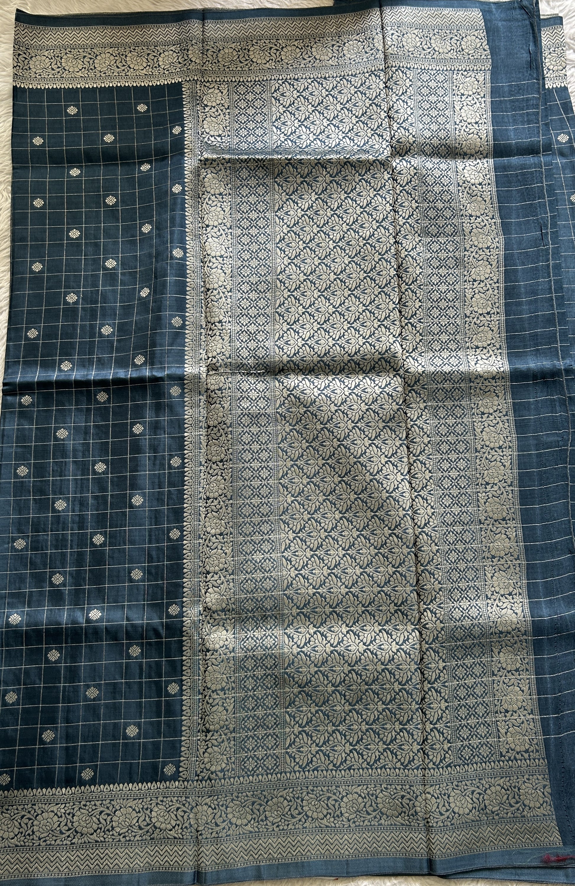 Semi Georgette Saree Peacock Blue Colored Complemented with a Zari Border. - Sampradaya Designer Studio