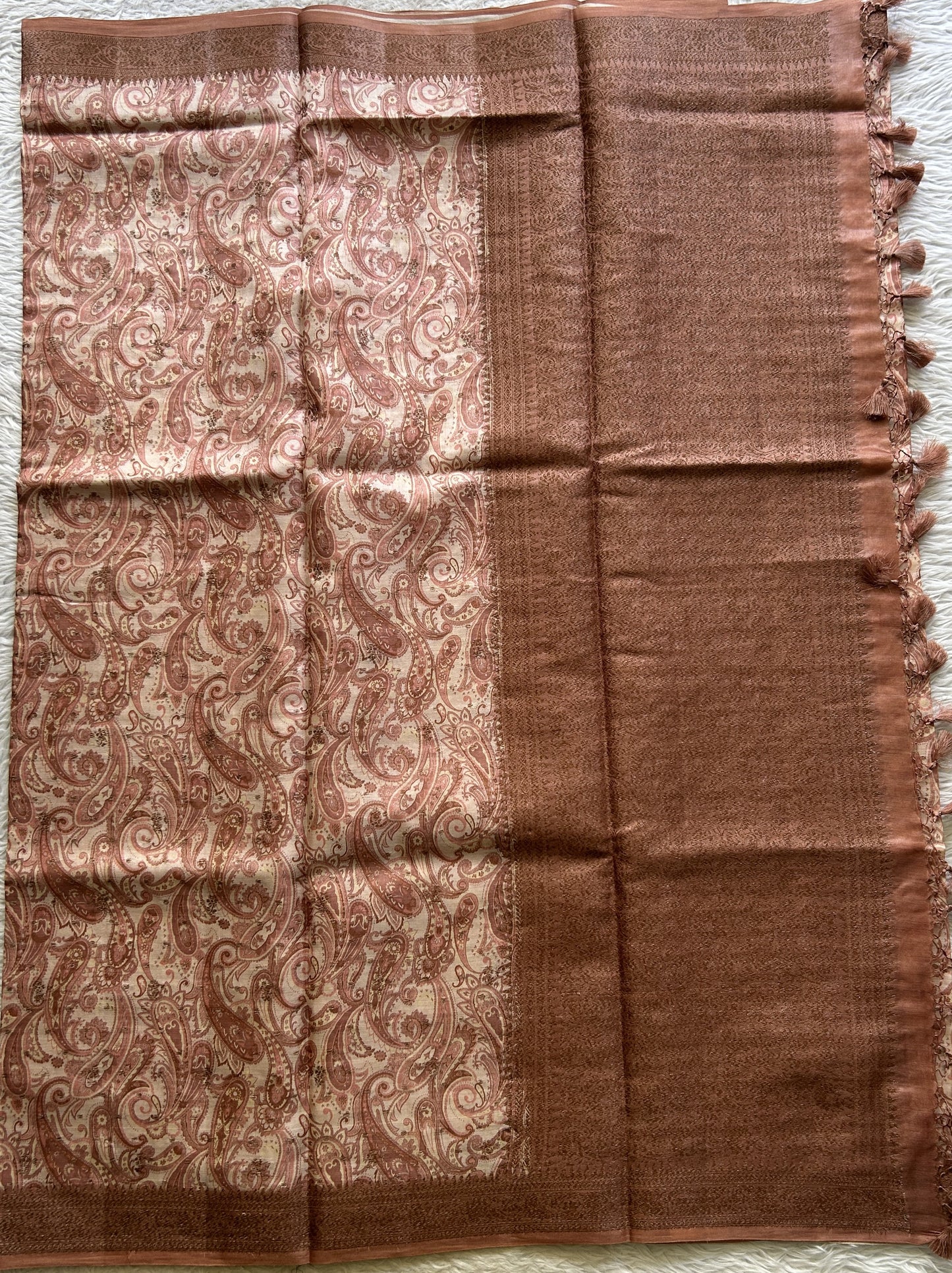 Pure Tussar Silk Saree Light Brown Color Complemented with a Zari Border. - Sampradaya Designer Studio
