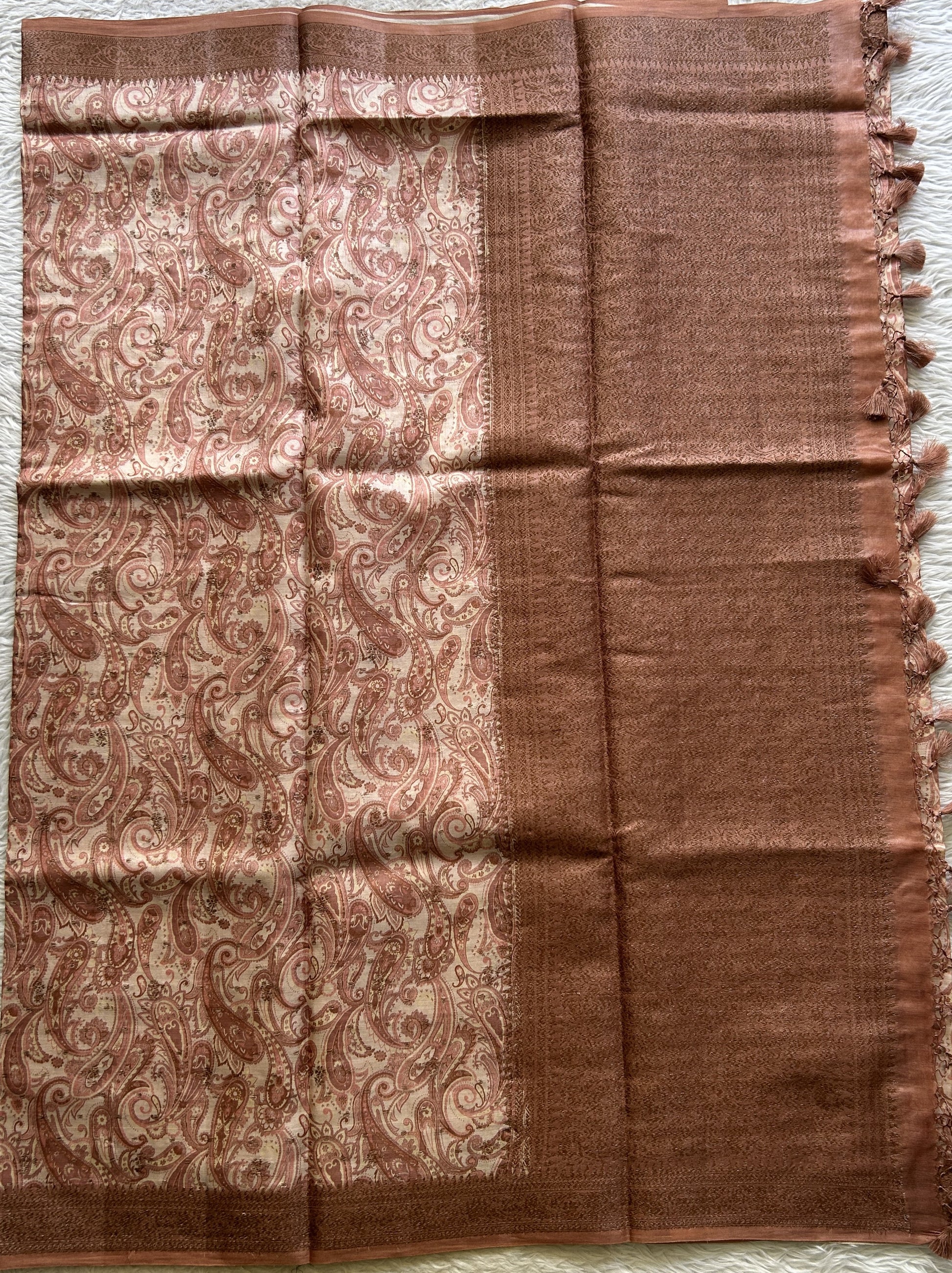 Pure Tussar Silk Saree Light Brown Color Complemented with a Zari Border. - Sampradaya Designer Studio