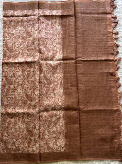 Pure Tussar Silk Saree Light Brown Color Complemented with a Zari Border. - Sampradaya Designer Studio