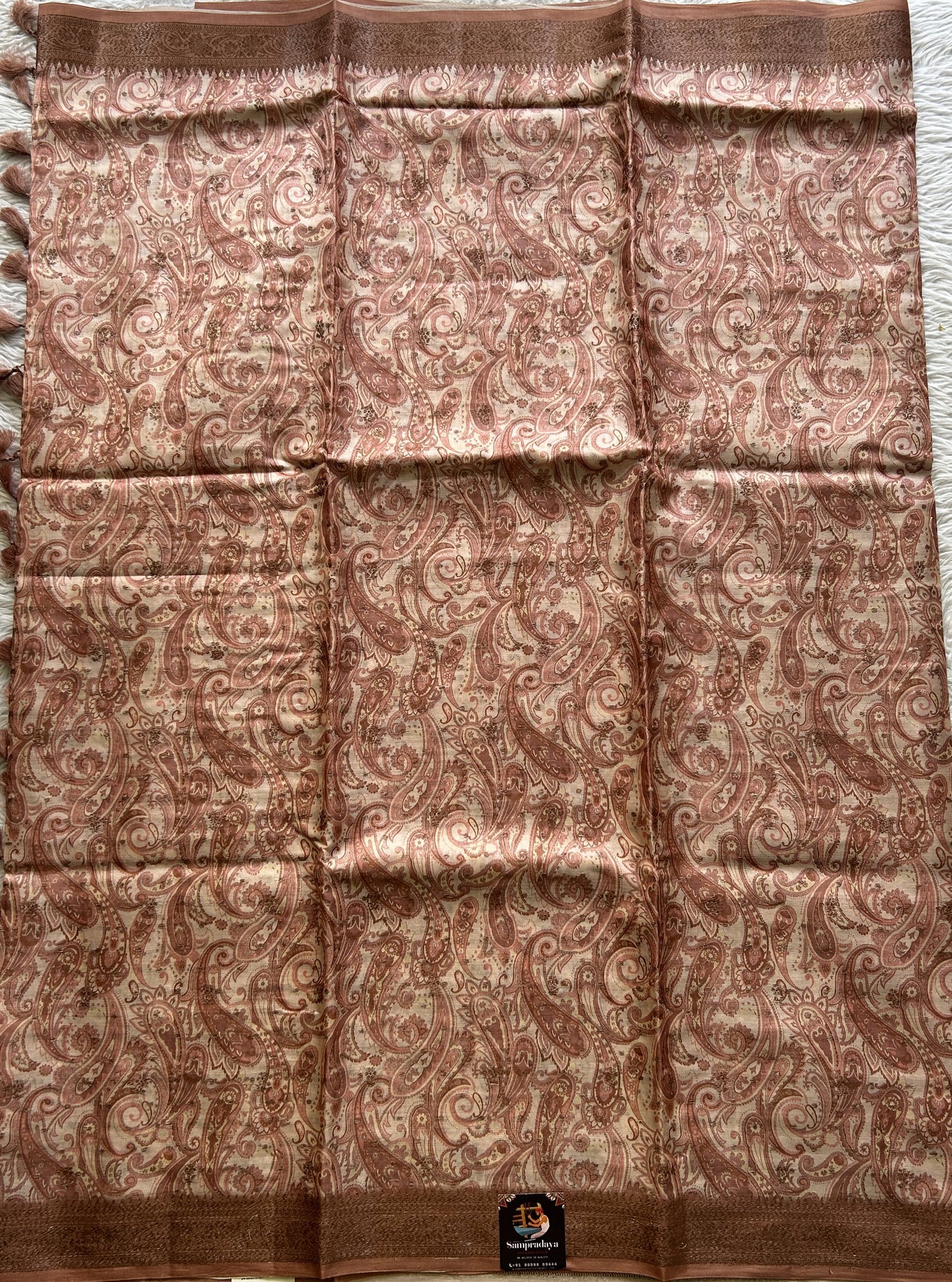 Pure Tussar Silk Saree Light Brown Color Complemented with a Zari Border. - Sampradaya Designer Studio