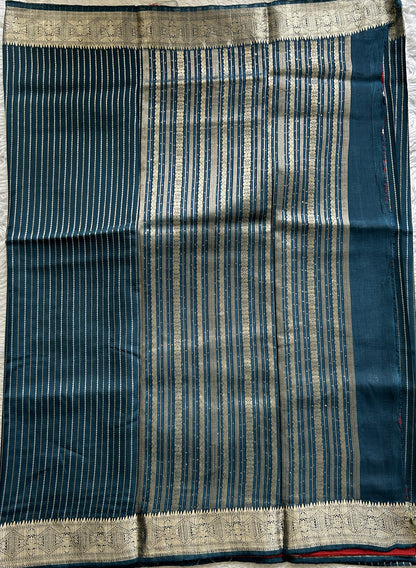 Semi Georgette Saree Peacock Blue Colored Complemented with a Zari Border. - Sampradaya Designer Studio