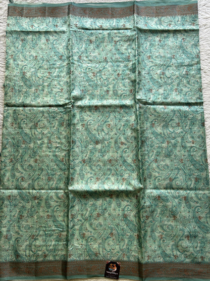Pure Tussar Silk Saree Light Sea Green Color Complemented with a Zari Border. - Sampradaya Designer Studio