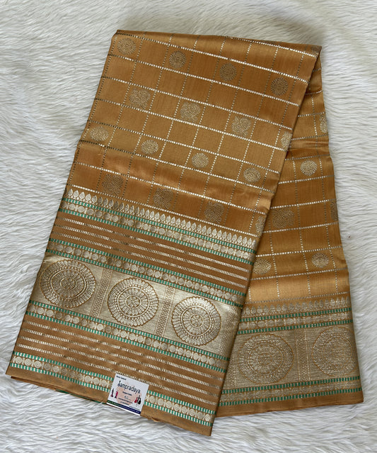 Venkatagiri Pattu Saree Sandalwood Colored Complemented With a Pattu Kanchi Border - Sampradaya Designer Studio