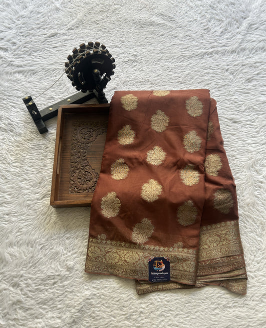 Semi Georgette Saree Brown Colored Elegantly Paired with a Zari Border. - Sampradaya Designer Studio