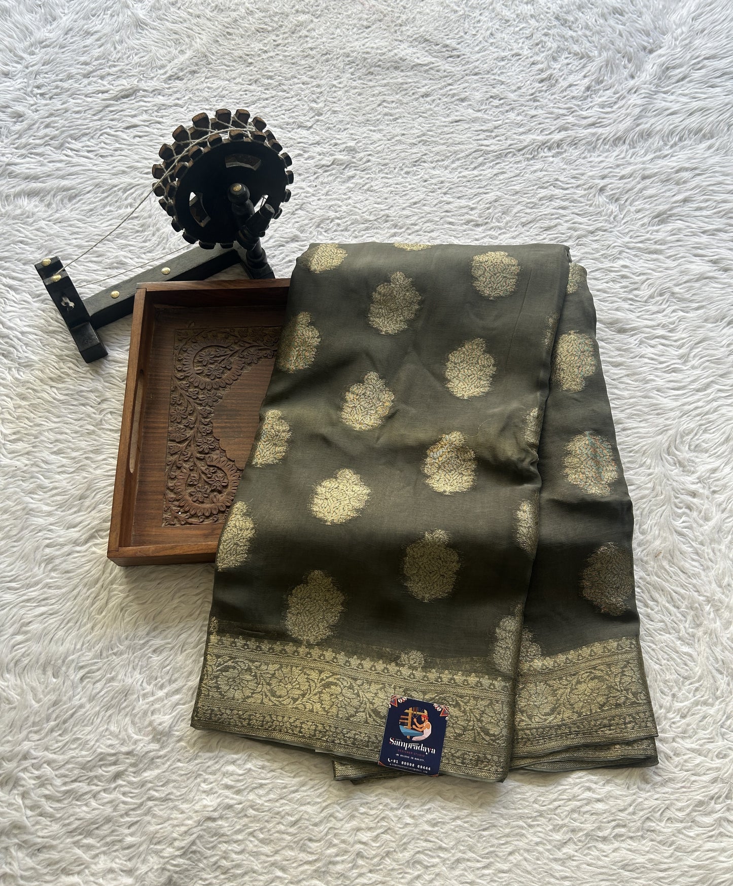 Semi Georgette Saree Elephant Gray Colored Elegantly Paired with a Zari Border. - Sampradaya Designer Studio