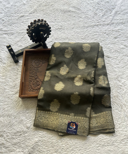 Semi Georgette Saree Elephant Gray Colored Elegantly Paired with a Zari Border. - Sampradaya Designer Studio