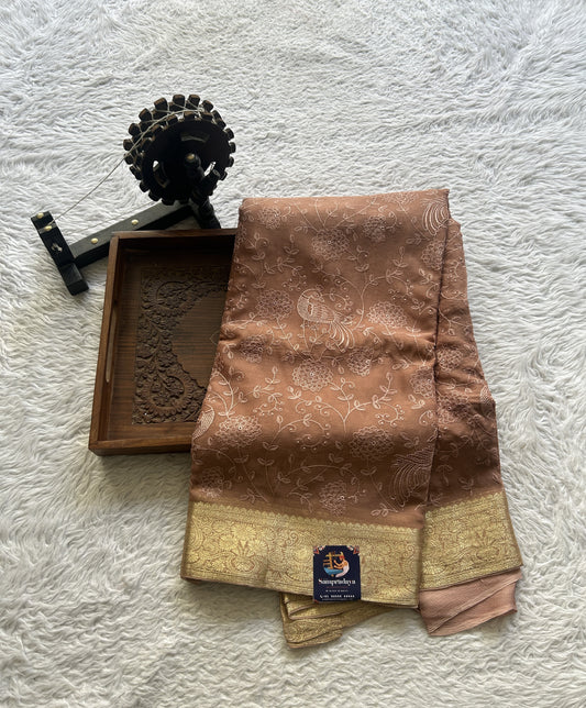 Semi Georgette Saree Light Brown Colored Elegantly Paired with a Zari Border. - Sampradaya Designer Studio