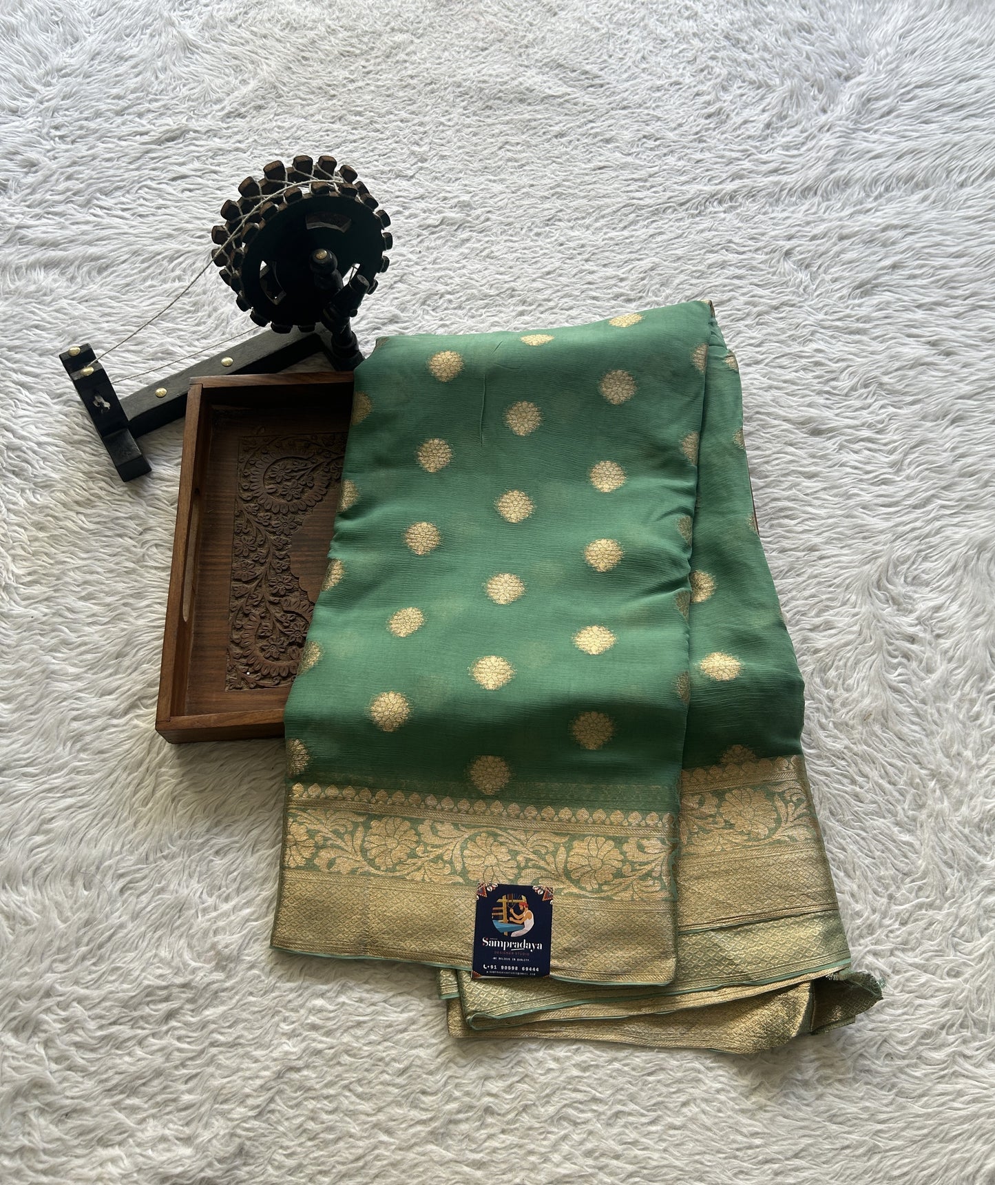 Semi Georgette Saree Fern Colored Elegantly Paired with a Zari Border. - Sampradaya Designer Studio