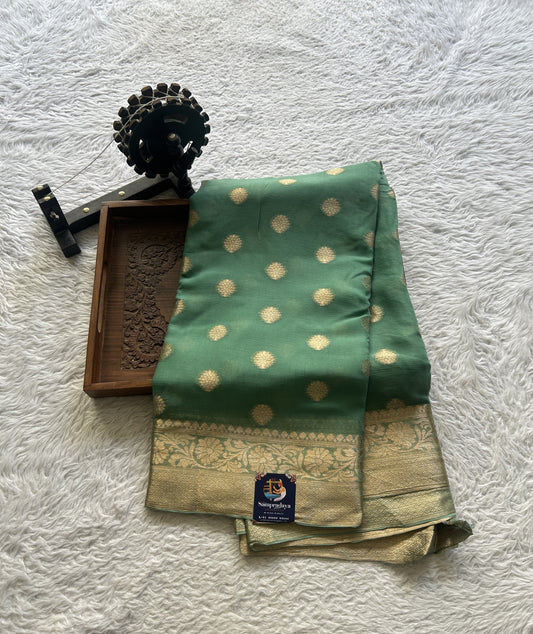 Semi Georgette Saree Fern Colored Elegantly Paired with a Zari Border. - Sampradaya Designer Studio