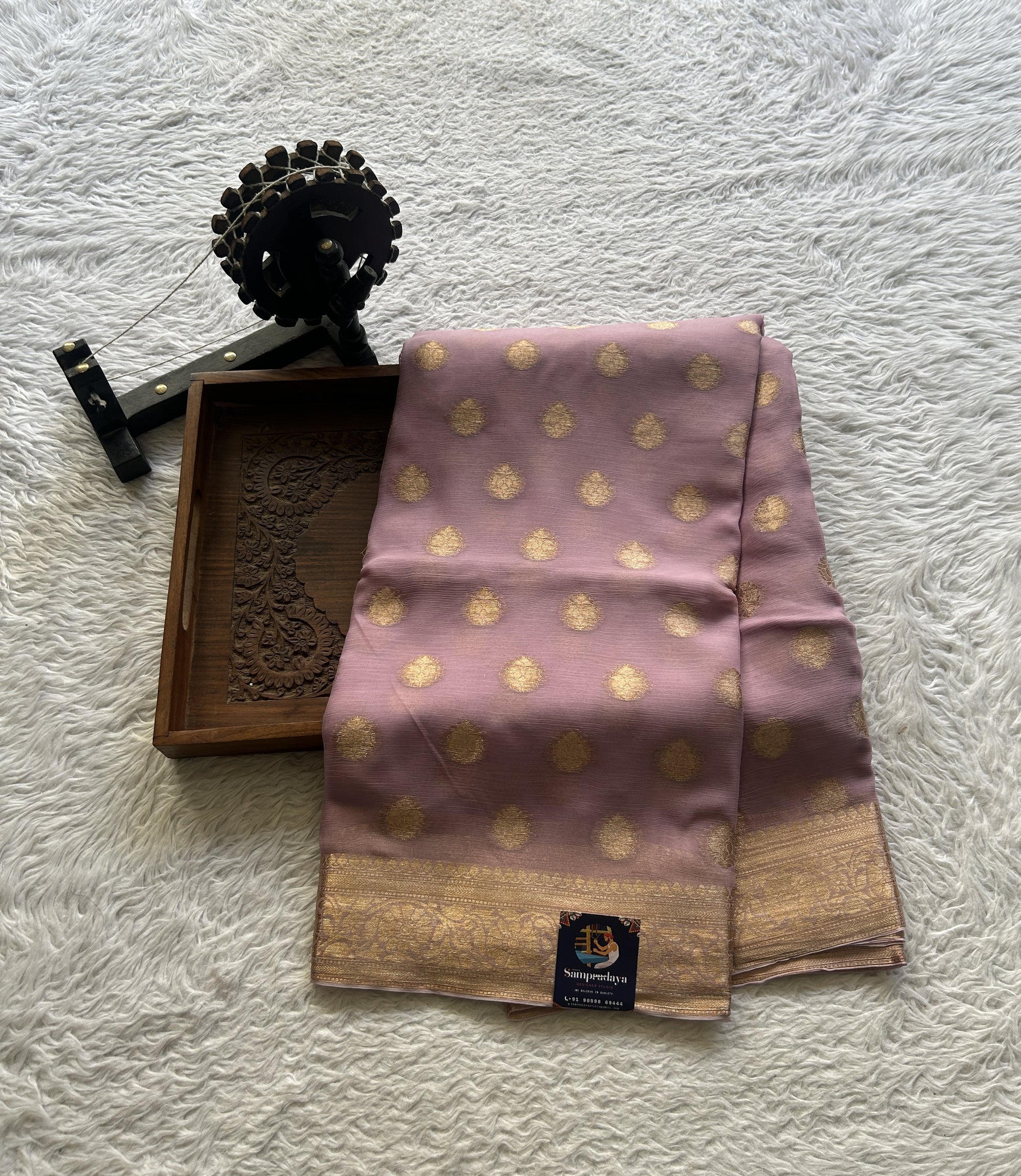 Semi Georgette Saree Light Lavender Colored Elegantly Paired with a Zari Border. - Sampradaya Designer Studio