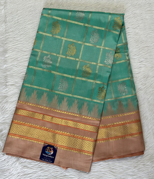 Venkatagiri Pattu Saree Sea Green Colored Complemented With a Pattu Light Peach Kanchi Border - Sampradaya Designer Studio