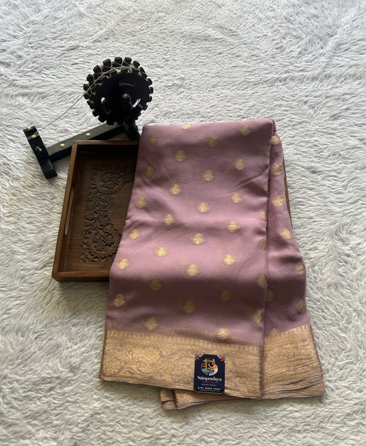 Semi Georgette Saree Light Lilac Colored Elegantly Paired with a Zari Border. - Sampradaya Designer Studio