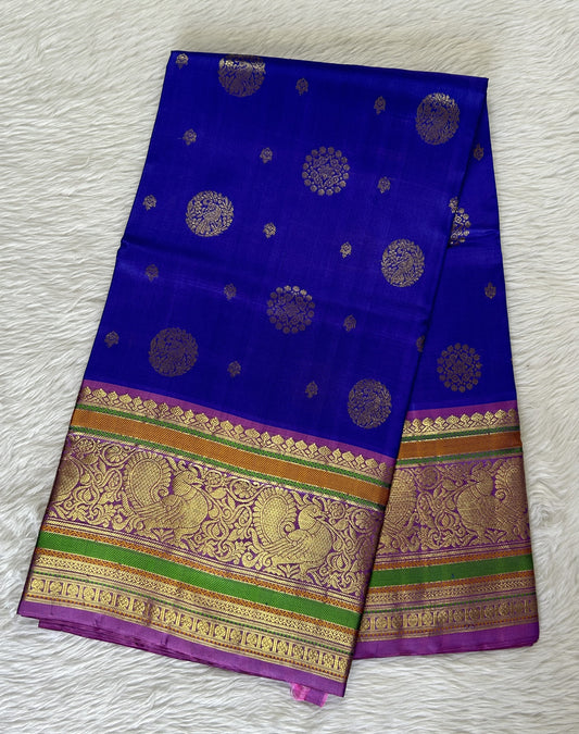 Venkatagiri Pattu Saree Blue Colored Complemented With a Pattu Rose Pink Kanchi Border - Sampradaya Designer Studio
