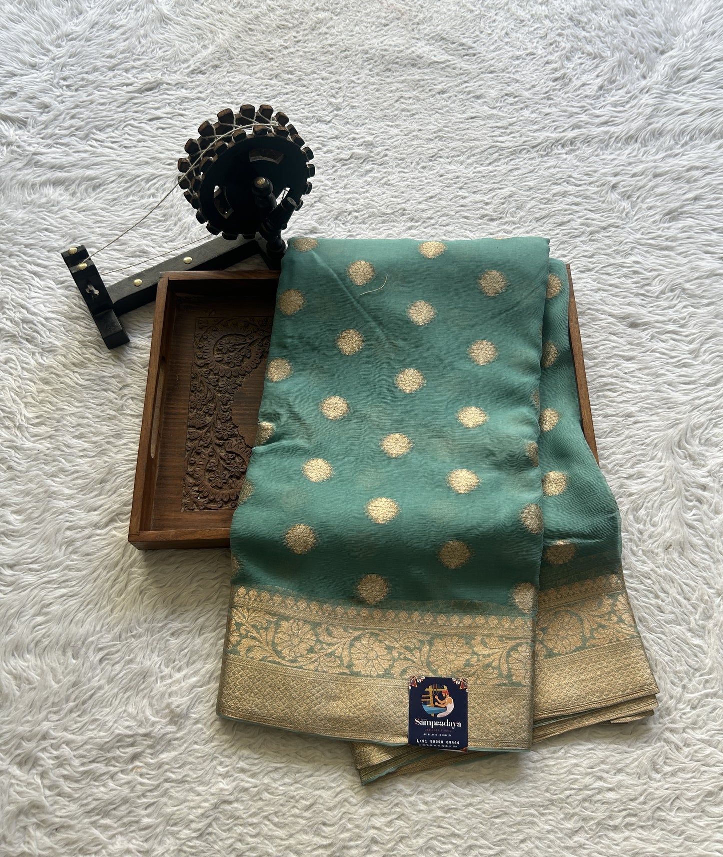Semi Georgette Saree Dark Sea Green Colored Elegantly Paired with a Zari Border. - Sampradaya Designer Studio