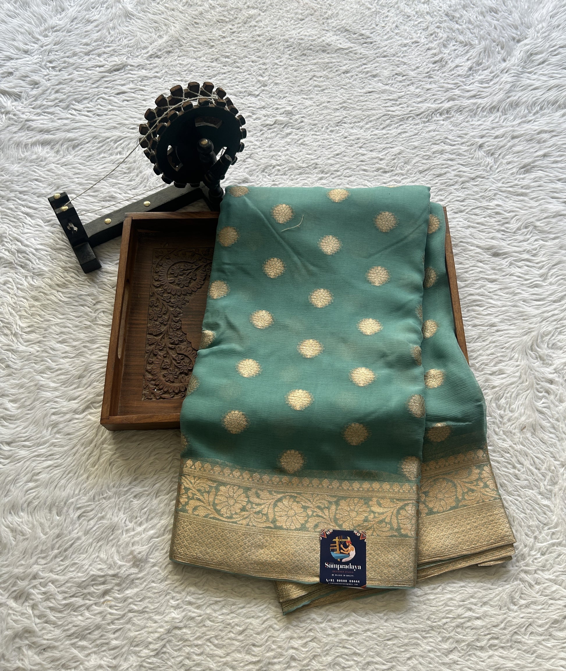 Semi Georgette Saree Dark Sea Green Colored Elegantly Paired with a Zari Border. - Sampradaya Designer Studio