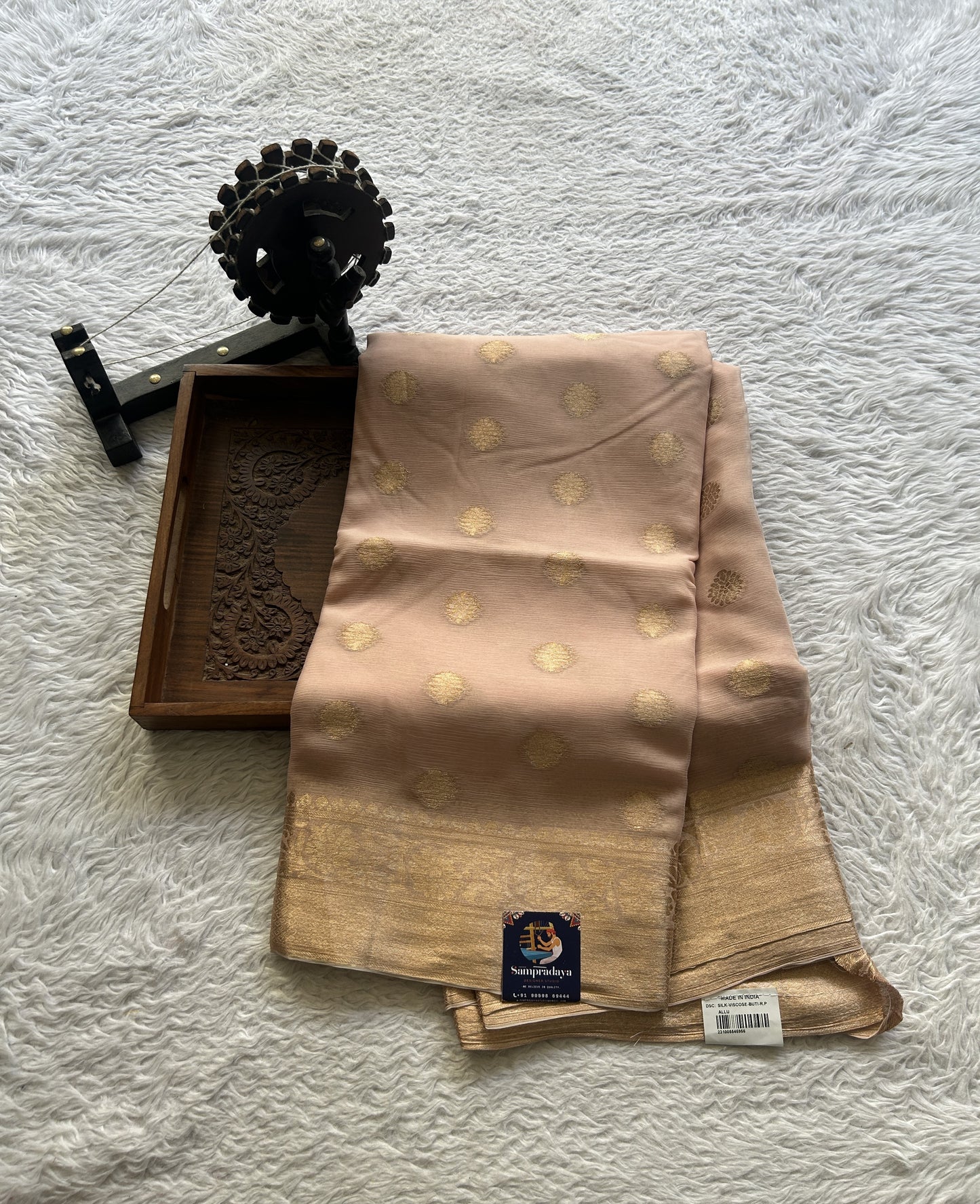 Semi Georgette Saree Champagne Colored Elegantly Paired with a Zari Border. - Sampradaya Designer Studio