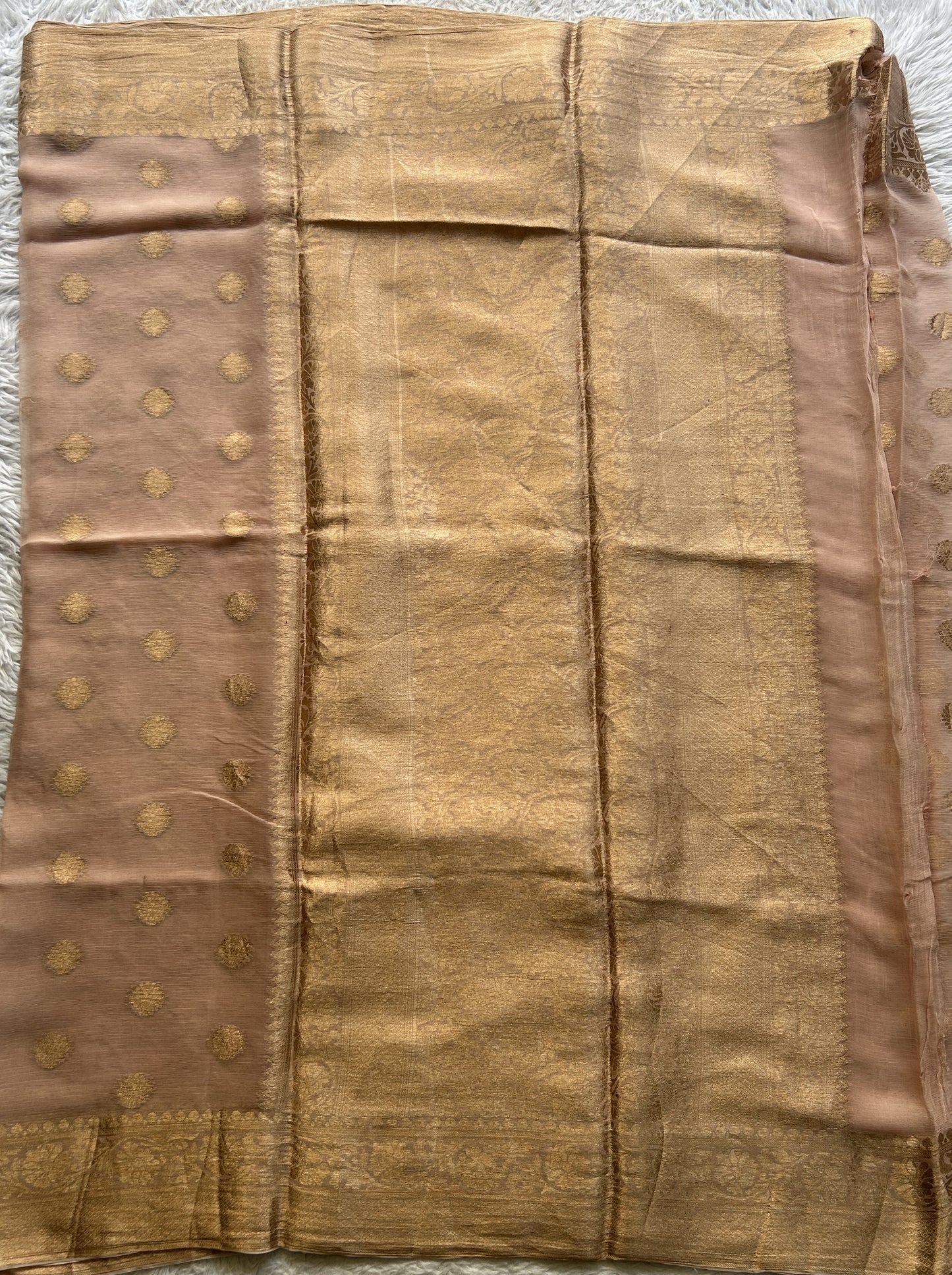 Semi Georgette Saree Champagne Colored Elegantly Paired with a Zari Border. - Sampradaya Designer Studio