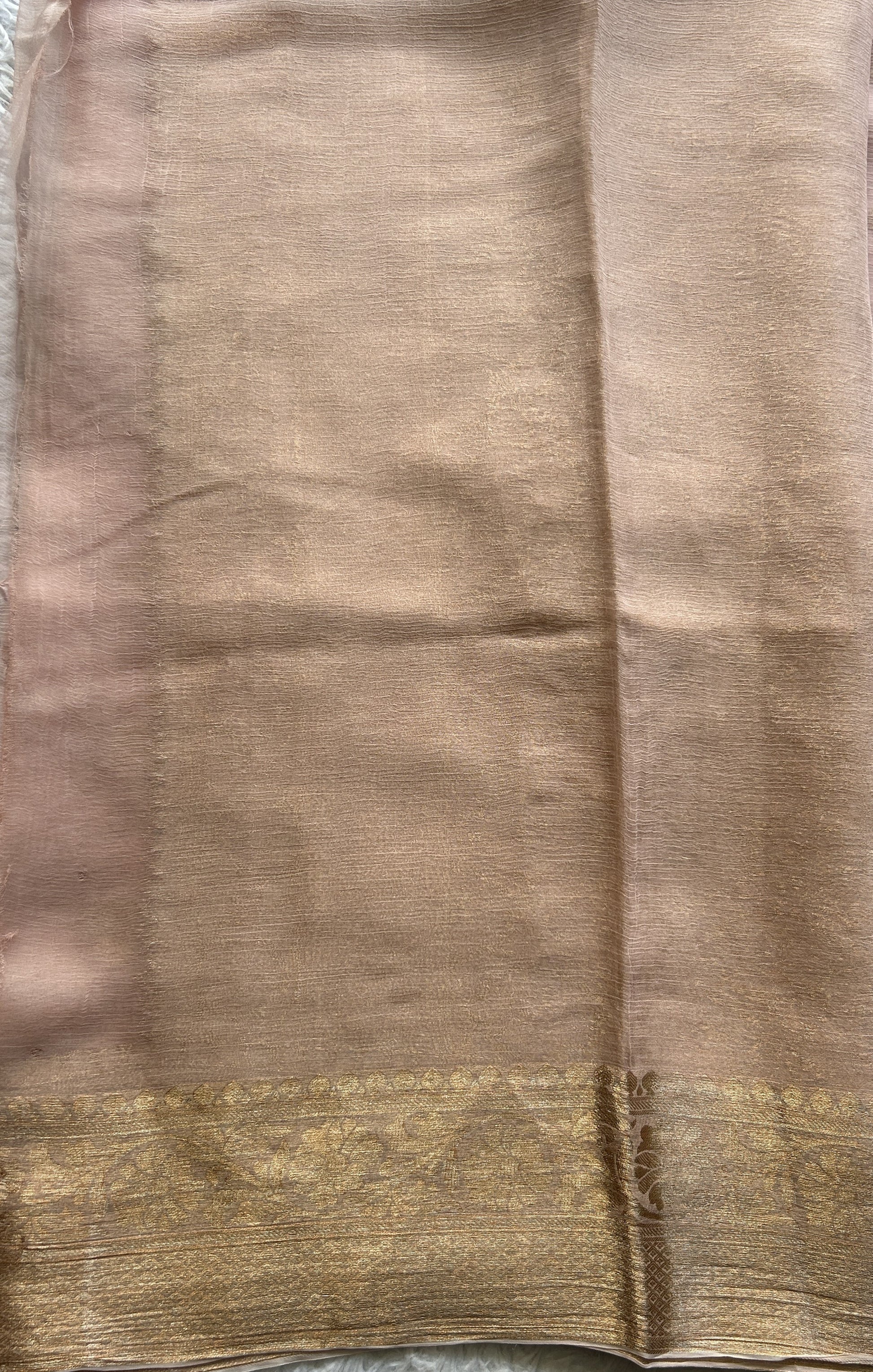 Semi Georgette Saree Champagne Colored Elegantly Paired with a Zari Border. - Sampradaya Designer Studio