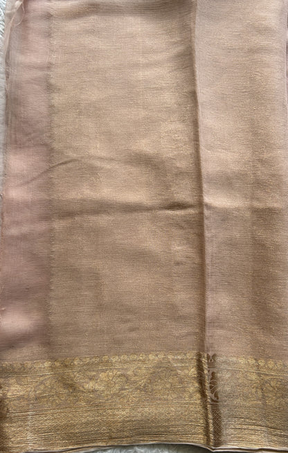 Semi Georgette Saree Champagne Colored Elegantly Paired with a Zari Border. - Sampradaya Designer Studio