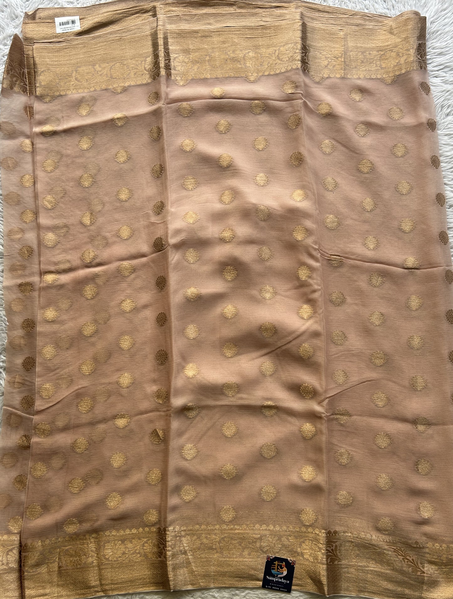 Semi Georgette Saree Champagne Colored Elegantly Paired with a Zari Border. - Sampradaya Designer Studio