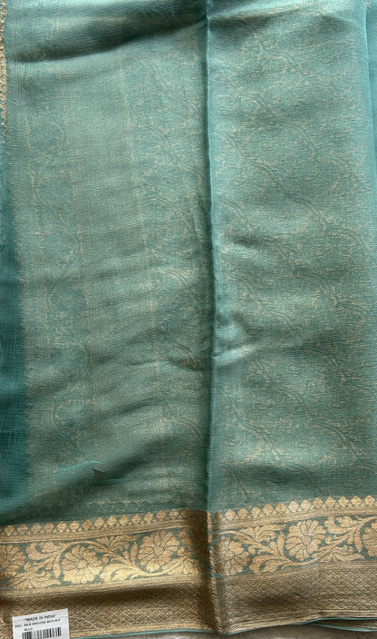 Semi Georgette Saree Dark Sea Green Colored Elegantly Paired with a Zari Border. - Sampradaya Designer Studio