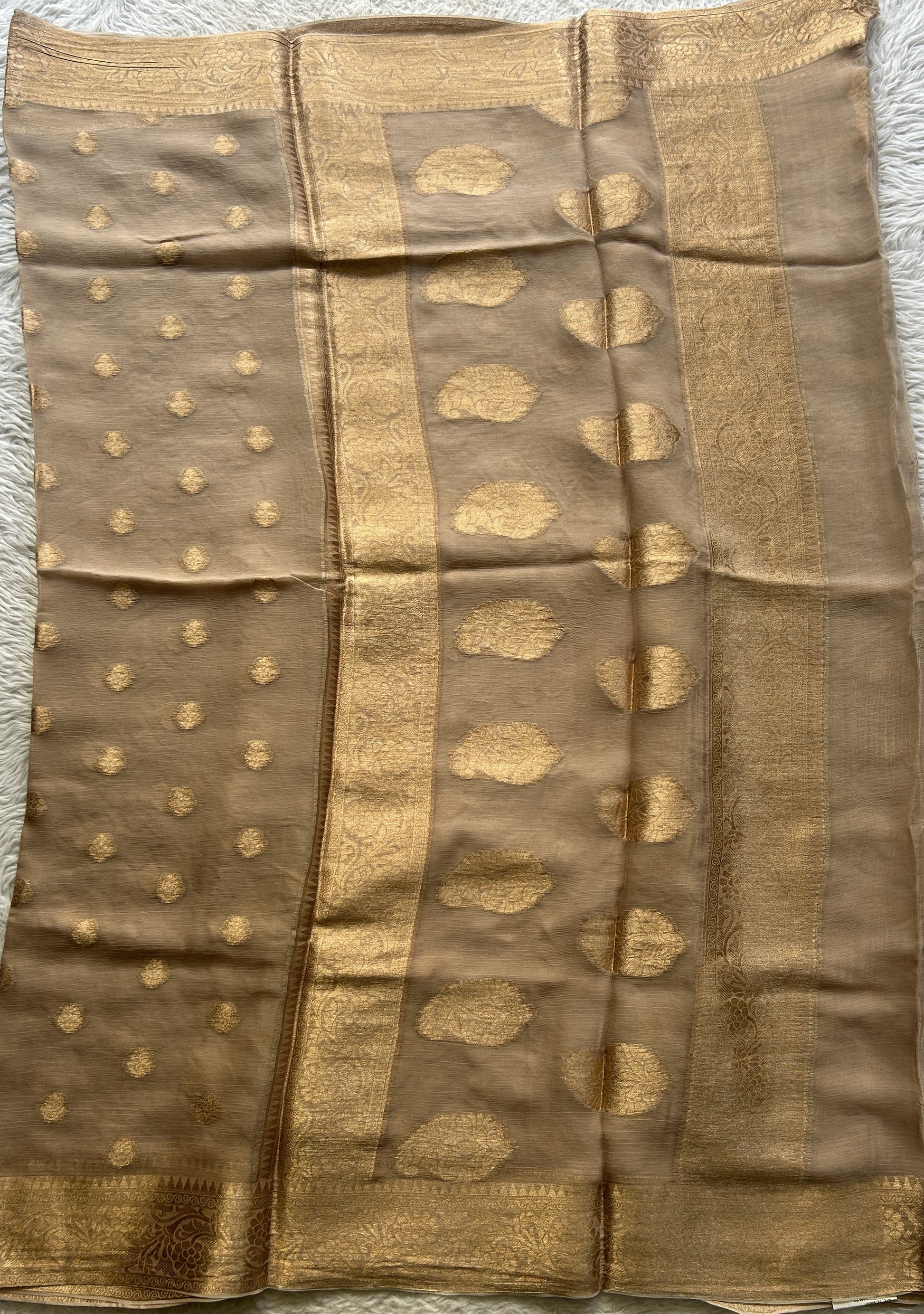 Semi Georgette Saree Oat Colored Elegantly Paired with a Zari Border. - Sampradaya Designer Studio