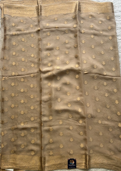Semi Georgette Saree Oat Colored Elegantly Paired with a Zari Border. - Sampradaya Designer Studio