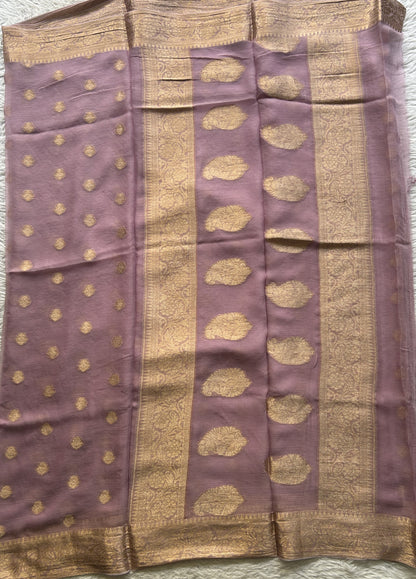 Semi Georgette Saree Light Lilac Colored Elegantly Paired with a Zari Border. - Sampradaya Designer Studio