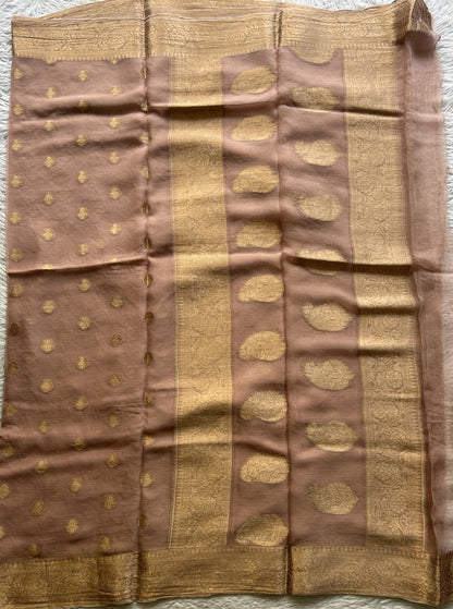Semi Georgette Saree Very Light Peach Colored Elegantly Paired with a Zari Border. - Sampradaya Designer Studio