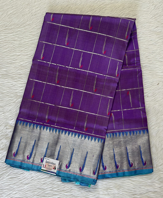 Venkatagiri Pattu Saree Lavender Colored Complemented With a Pattu Sky Blue Paithani Border - Sampradaya Designer Studio
