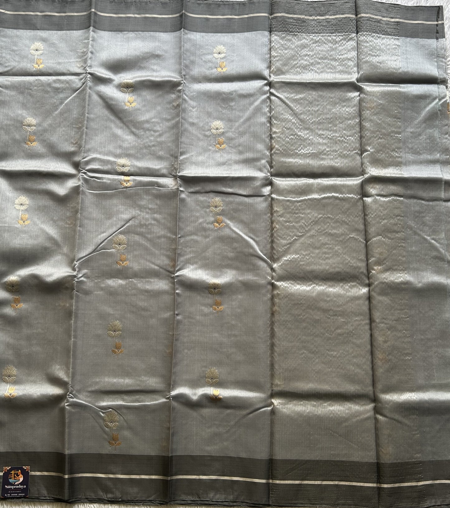 Chanderi Silk Saree scarlet Cloudy Gray color Elegantly Paired with a Silver Zari Border - Sampradaya Designer Studio