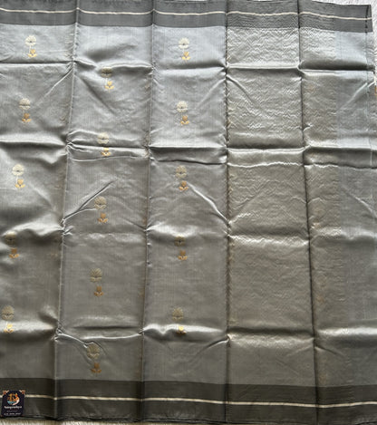 Chanderi Silk Saree scarlet Cloudy Gray color Elegantly Paired with a Silver Zari Border - Sampradaya Designer Studio