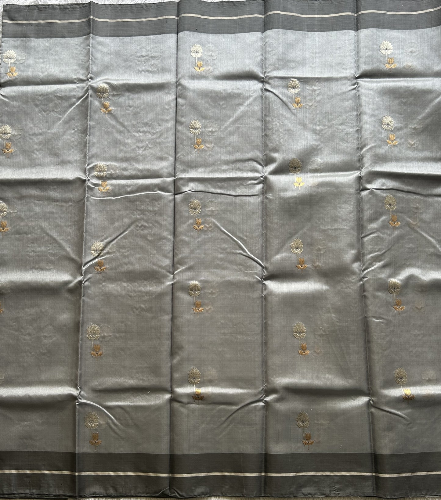 Chanderi Silk Saree scarlet Cloudy Gray color Elegantly Paired with a Silver Zari Border - Sampradaya Designer Studio