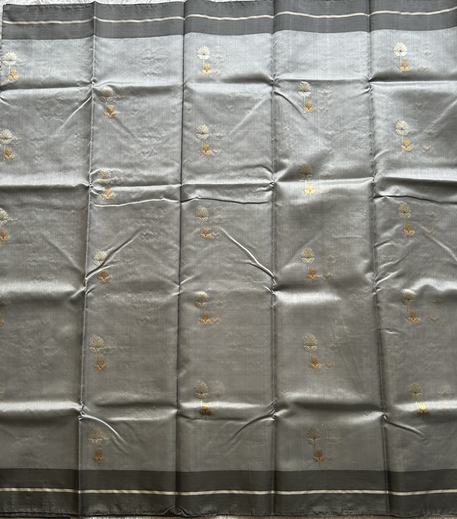 Chanderi Silk Saree scarlet Cloudy Gray color Elegantly Paired with a Silver Zari Border - Sampradaya Designer Studio