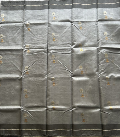 Chanderi Silk Saree scarlet Cloudy Gray color Elegantly Paired with a Silver Zari Border - Sampradaya Designer Studio