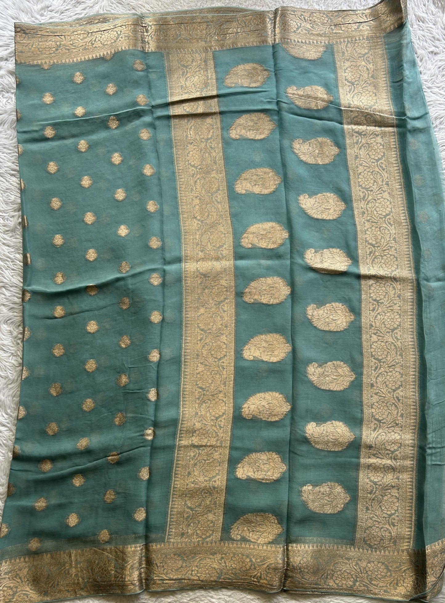 Semi Georgette Saree Sky Blue Colored Elegantly Paired with a Zari Border. - Sampradaya Designer Studio