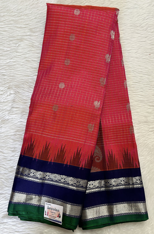 Gadwal Pattu Saree Pink Colored Checks Complemented With a Pattu Navy Blue Color Kanchi Gap Border - Sampradaya Designer Studio