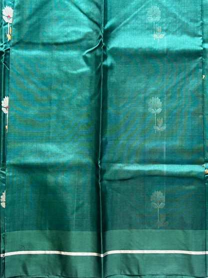 Chanderi silk Saree Paisley Green color Elegantly Paired with a Silver Zari Border - Sampradaya Designer Studio