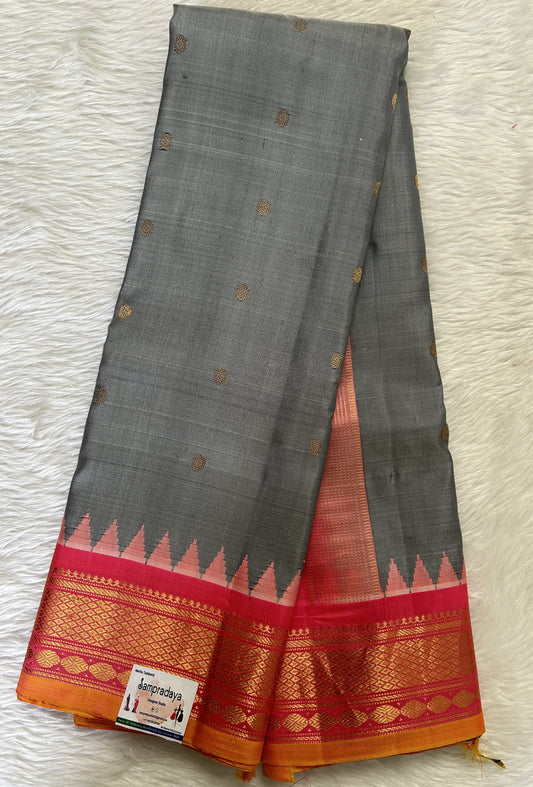 Gadwal Pattu Saree Gray Colored Complemented With a Pattu Pink Color Kanchi Border - Sampradaya Designer Studio
